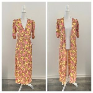 AFRM paisley wrap dress puff sleeve midi 70’s vibes pink yellow medium